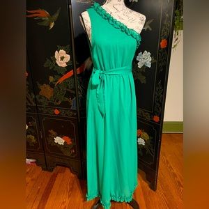 One Shoulder Green Dress with Ruffled Borders and Tie Waist